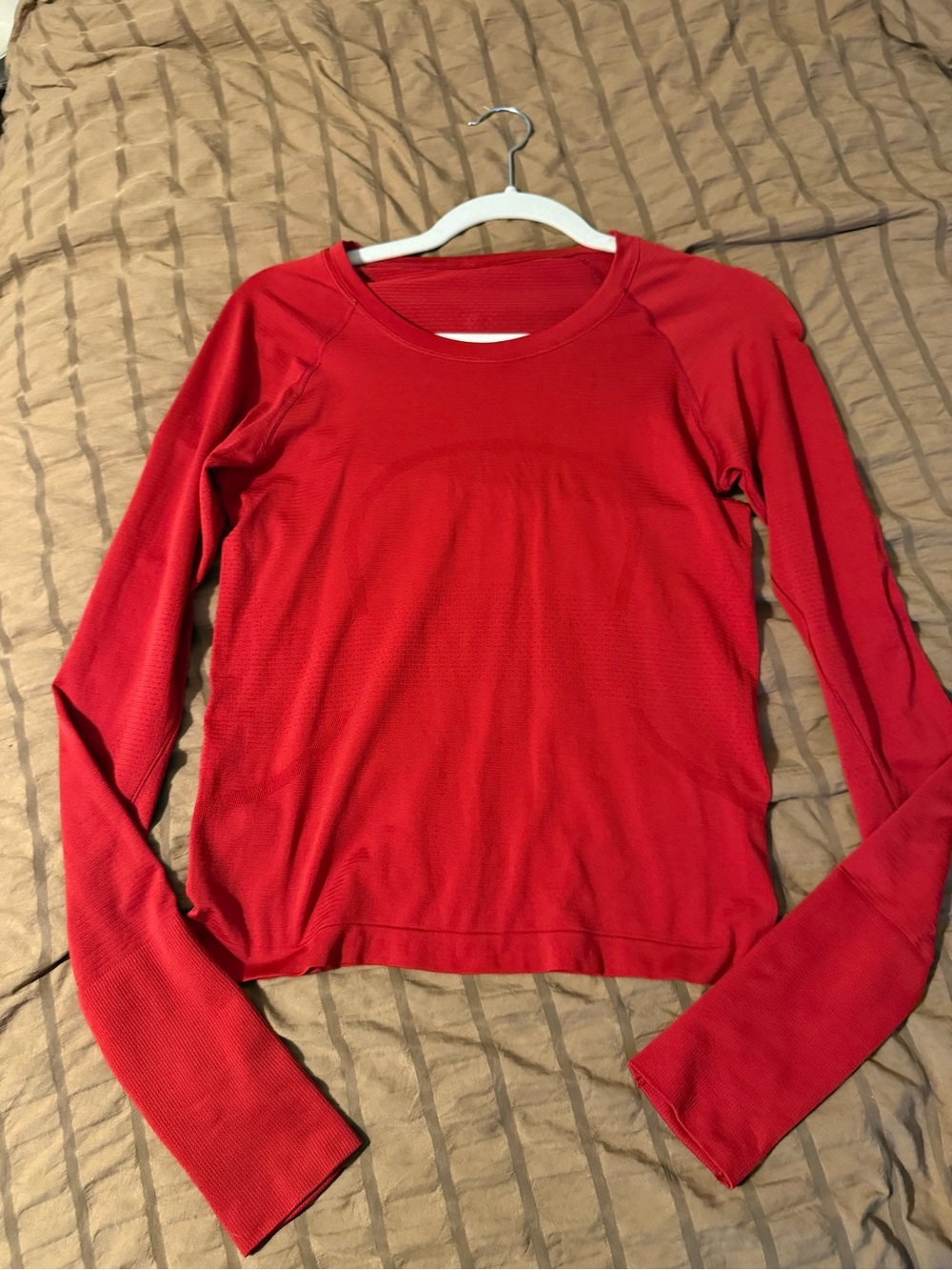 Lululemon red swiftly long sleeve with gold logo